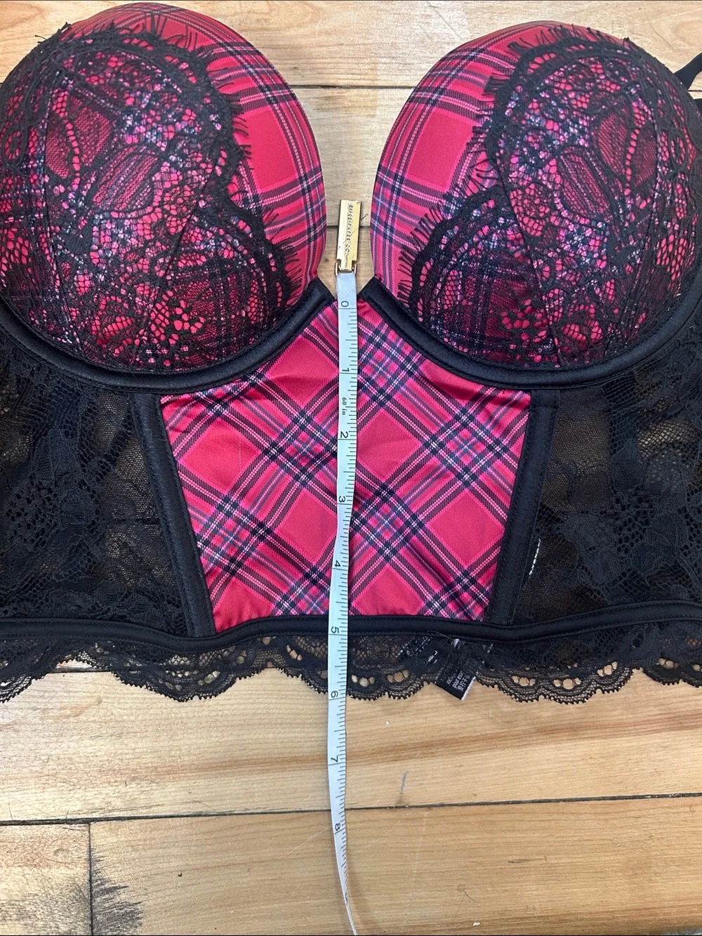Victoria's Secret Red Plaid Lace Longline Bustier & Thong Set sz s 34B